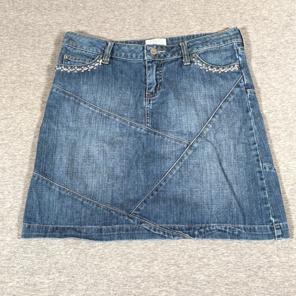 White House Black Market Blanc Denim Mini Skirt Rhinestone Embellished Blue 0